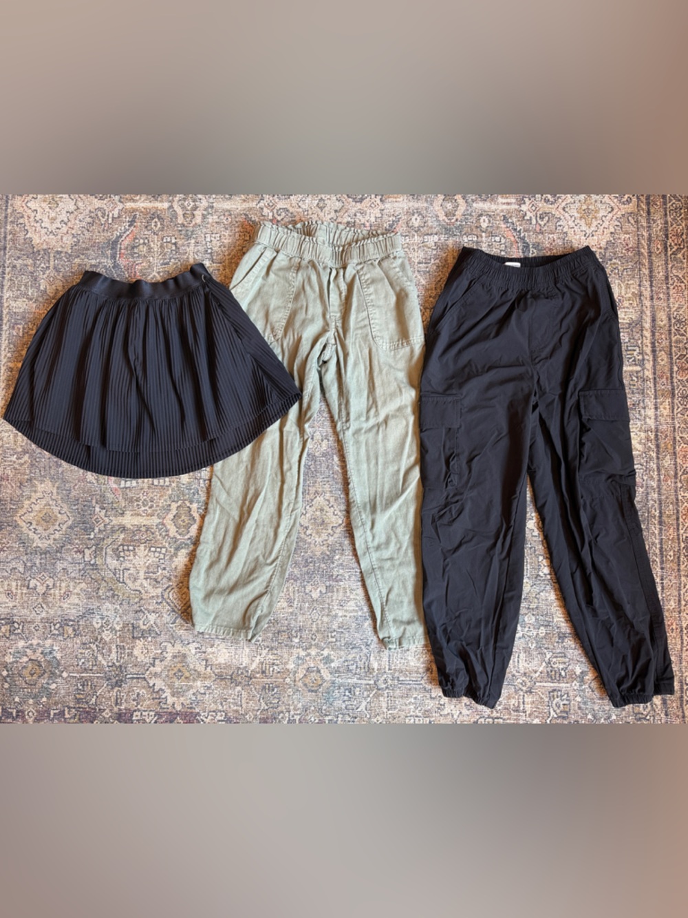 Girls bottoms: Pleated Mini Skirt, Utility Pants & Black Joggers Bundle